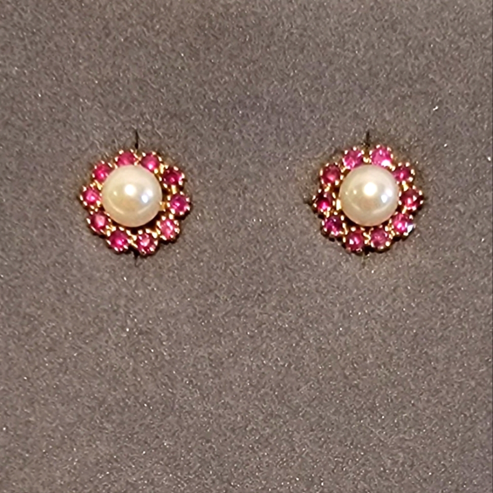 14k Yellow Gold Pearl & Garnet Halo Studs